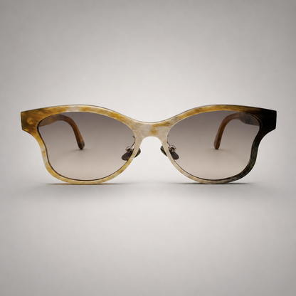 Olivencia ALAIS · EQUINOX handcrafted black and white horn sunglasses with gradient brown lenses.