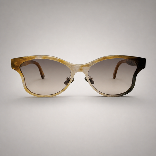 Olivencia ALAIS · EQUINOX handcrafted black and white horn sunglasses with gradient brown lenses.