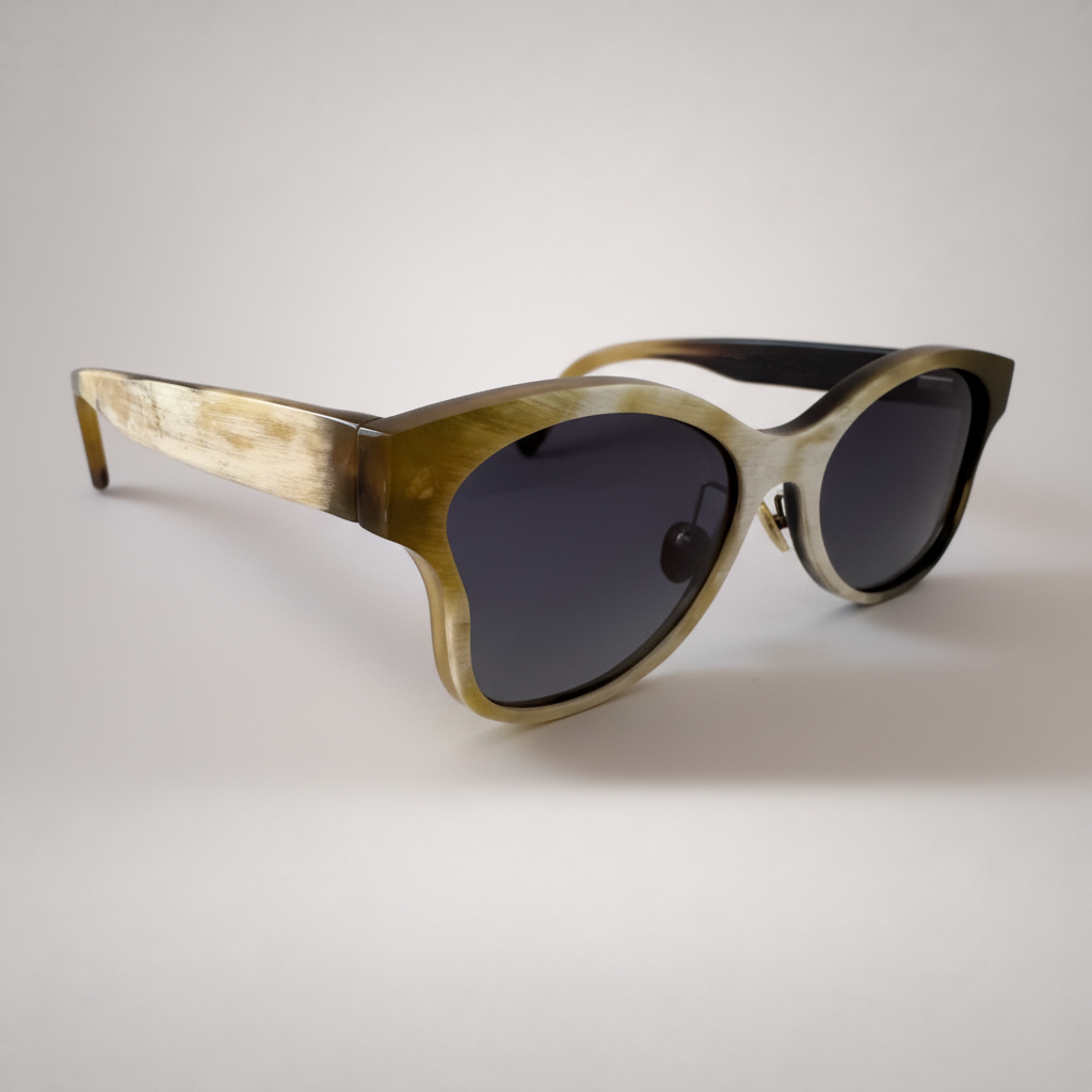 Olivencia ALAIS · EQUINOX handcrafted black and white horn sunglasses in angled view with gradient brown lenses.