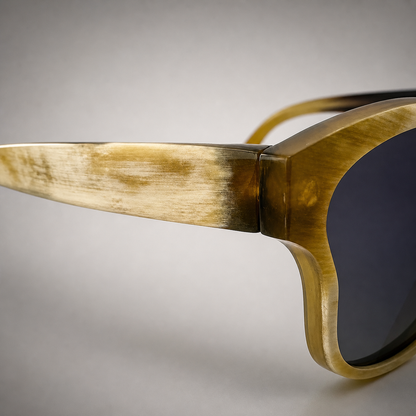 Olivencia ALAIS · EQUINOX handcrafted black and white horn sunglasses close-up showing the natural horn texture and gradient brown lenses.