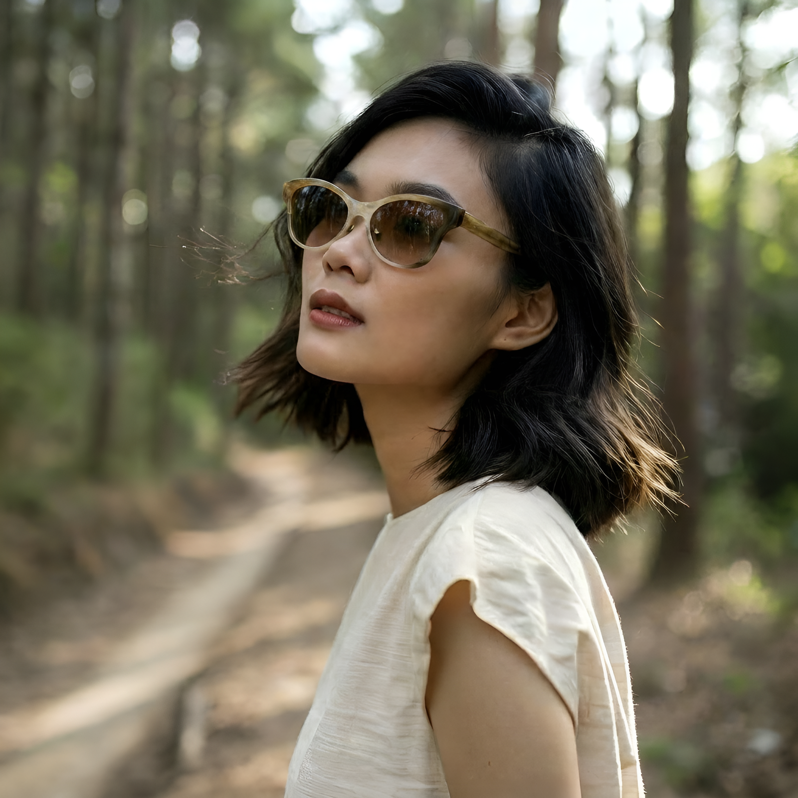 Model wearing Olivencia ALAIS · EQUINOX handcrafted black and white horn sunglasses with gradient brown lenses.