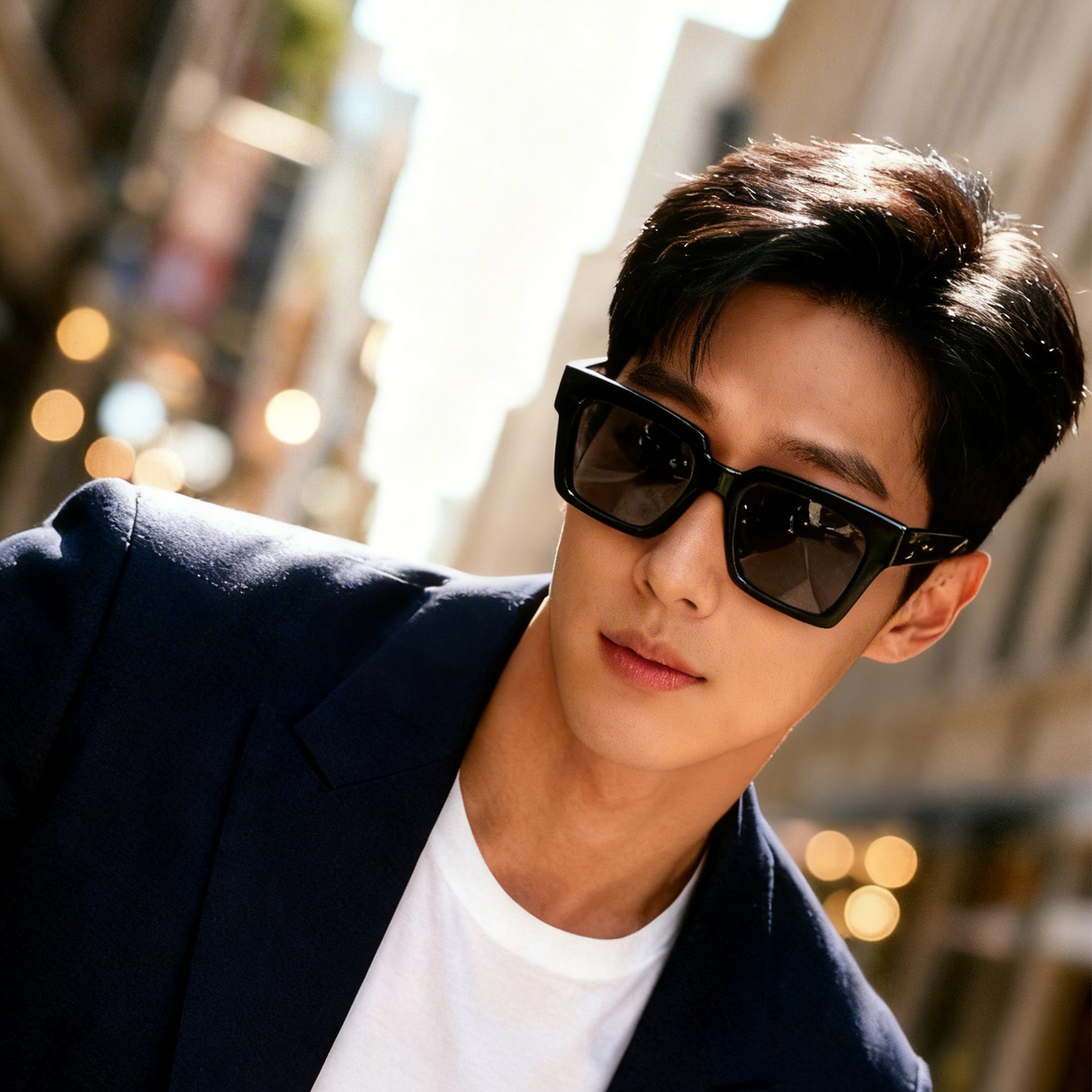 Male model wearing Olivencia ARVEN · NOX handcrafted black horn sunglasses with dark gradient lenses.