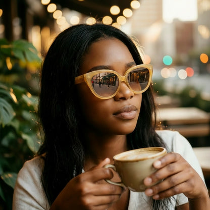 Model wearing Olivencia LYRA · VELA handcrafted honey horn sunglasses with gradient brown lenses.