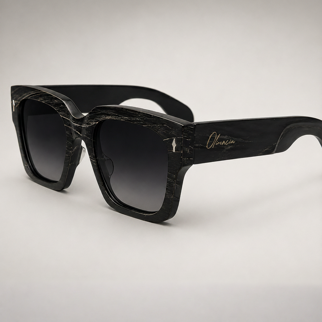 Olivencia ORIAN · LINEA handcrafted black horn sunglasses with rare white-line horn pattern and gradient black lenses, shown at a 45-degree angle.