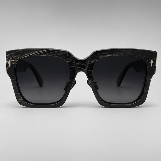 Olivencia ORIAN · LINEA handcrafted black horn sunglasses with rare white-line pattern and gradient black lenses.
