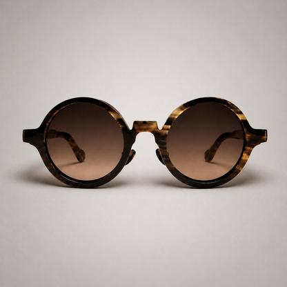Olivencia SOREL · VIREO handcrafted dark green-black buffalo horn sunglasses with gradient brown lenses and a rounded oval silhouette.